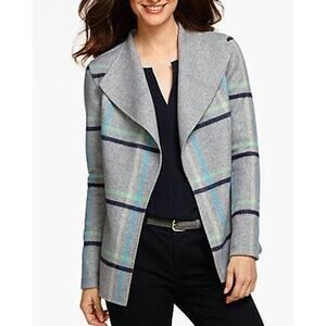 Talbots Wool‎ Blend Open Front Jacket Gray Plaid Draped Cardigan Coat M
